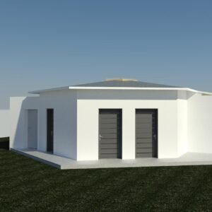 Vue extérieure hébergement temporaire minimaliste avec toit en pente Hector