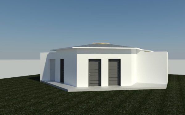 Vue extérieure hébergement temporaire minimaliste avec toit en pente Hector